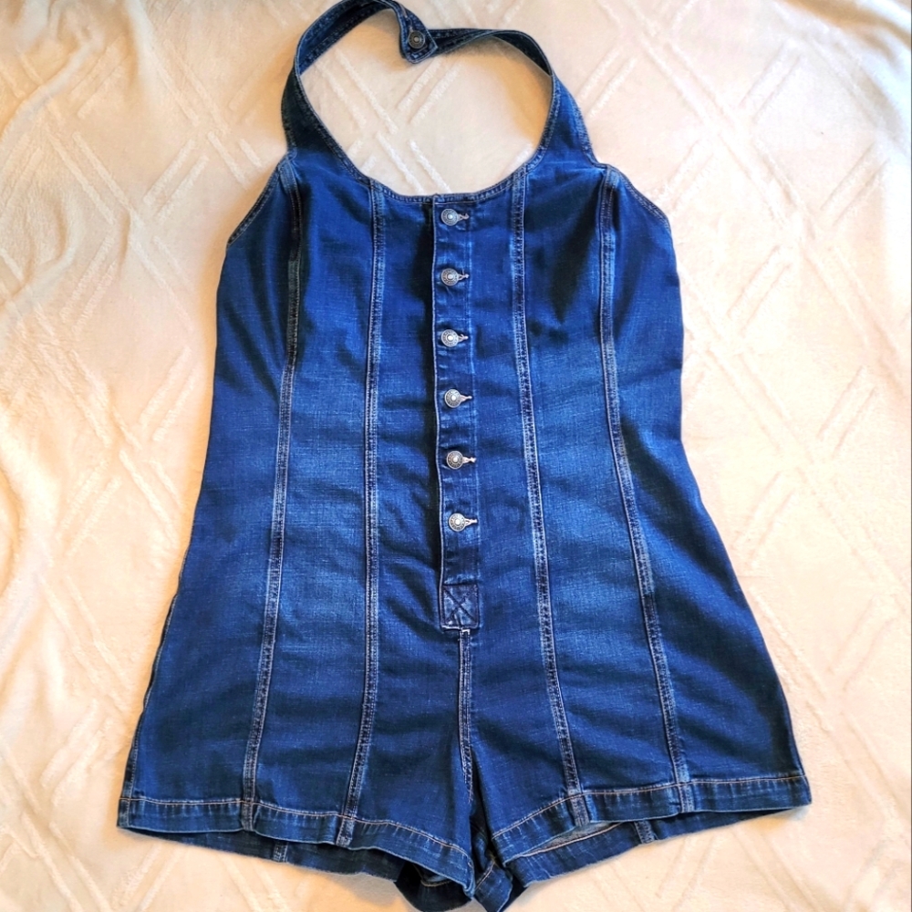 AMERICAN EAGLE OUTFITTERS Dark denim blue jean button-up short romper, size L